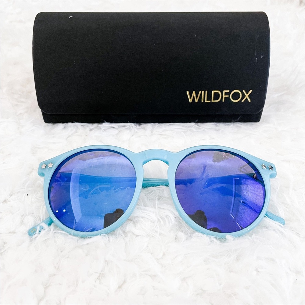 Wildfox Light Blue Frame Sunglasses with Blue Mirrored Lenses and Star Accents